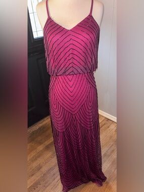 Elegant Beaded Blouson Maxi Dress in Magenta